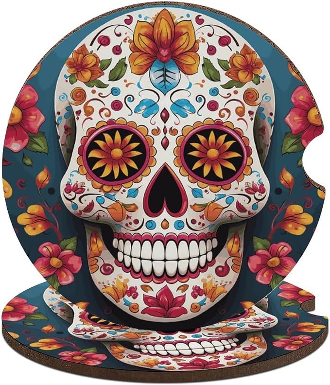 Colorful Sugar Skull Car Coasters 2 Pack Absorbent Cup Holder Coasters 2.6" Anti Slip Universal Drink Cup Mats with Finger Notch and Cork Base Car Interior Accessories - sugar skull car floor mats