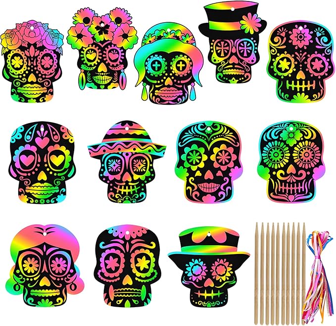 48pcs Day of The Dead Crafts for Kids,Dia De Los Muertos Magic Rainbow Sugar Skull Scratch Paper Art Cards for Halloween School DIY Activity Luau Games Favor Supplies - sugar skull christmas ornament