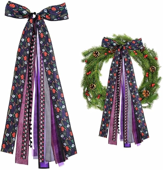 Large Halloween Bows,Halloween Wreath Tree Topper,Black Pumpkin Skull Spider Web Design, Multi-Ribbon Bow Decorations for Front Door Indoor Outdoor Home Fireplace Wall - sugar skull wreath for front door