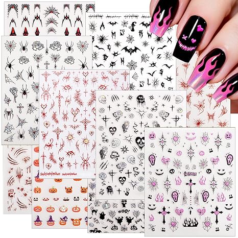 10 Sheets Halloween Nail Art Stickers 3D Self-Adhesive Shell Shine Nail Decals Cross Pegatinas para Uñas Pink Skull Charming Pumpkin Spider Web Blood Nail Design for Women Nail Decorations - sugar skull nail art