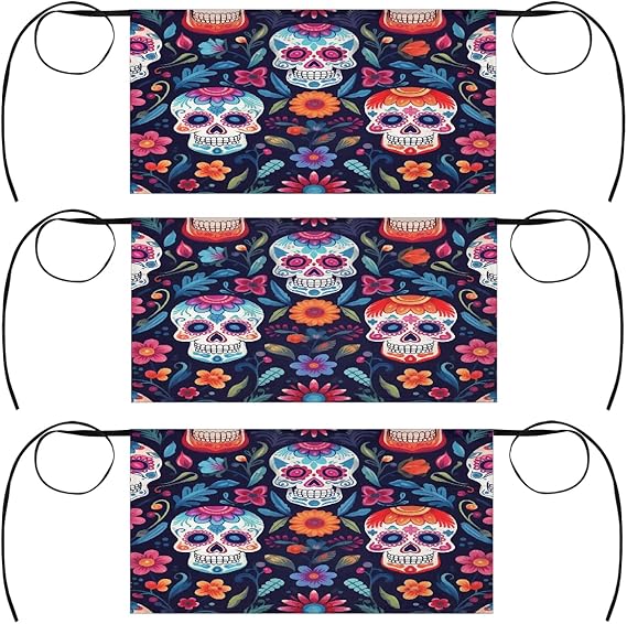 Day of the Dead Sugar Skull 3 Pack Server Aprons with Pockets, Polyester Half Waist Aprons for Men & Women, Water-Resistant Waitress Aprons for Restaurant, Kitchen Bar Garden 23.6 x 12 In - sugar skull apron for women