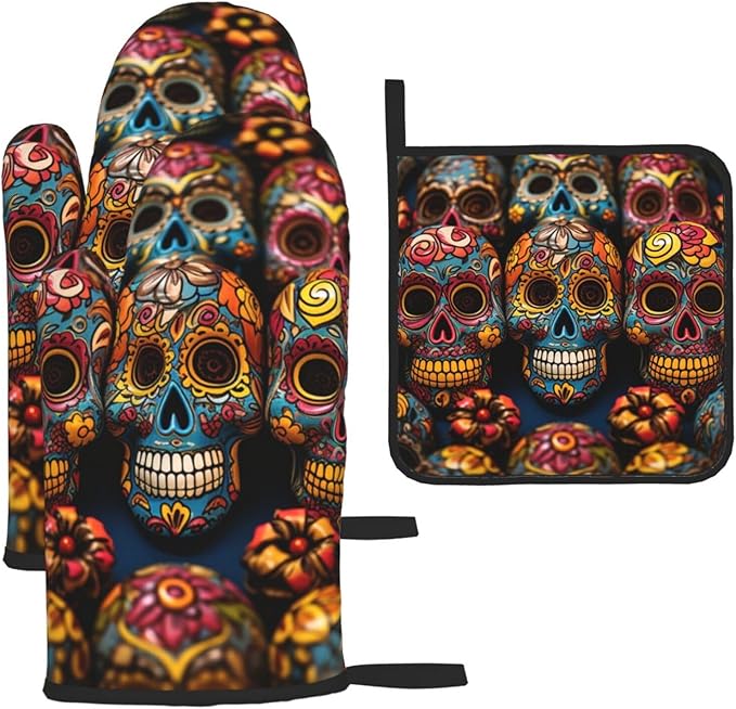 Colorful Sugar Skulls Oven Mitts and Pot Holders 4pcs Set, Heat Resistant Waterproof Cooking Gloves Potholders Non Slip BBQ Gloves Hot Pads for Kitchen Cooking Baking Decoration - sugar skull oven mitts