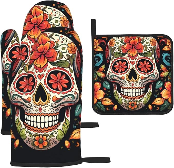 Colorful Sugar Skull Oven Mitts and Pot Holders 4pcs Set, Heat Resistant Waterproof Cooking Gloves Potholders Non Slip BBQ Gloves Hot Pads for Kitchen Cooking Baking Decoration - sugar skull oven mitts