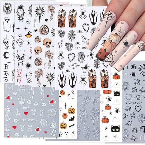 10 Sheets Halloween Nail Art Stickers Cute and Gothic Style Glitter Decals 3D Self-Adhesive Pegatinas para Uñas Charming Pumpkin Spider Ghost Skull Nail Design for Women Nail Decorations - sugar skull nail art