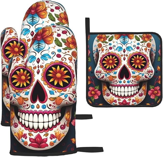 Colorful Sugar Skull Oven Mitts and Pot Holders 4pcs Set, Heat Resistant Waterproof Cooking Gloves Potholders Non Slip BBQ Gloves Hot Pads for Kitchen Cooking Baking Decoration - sugar skull oven mitts