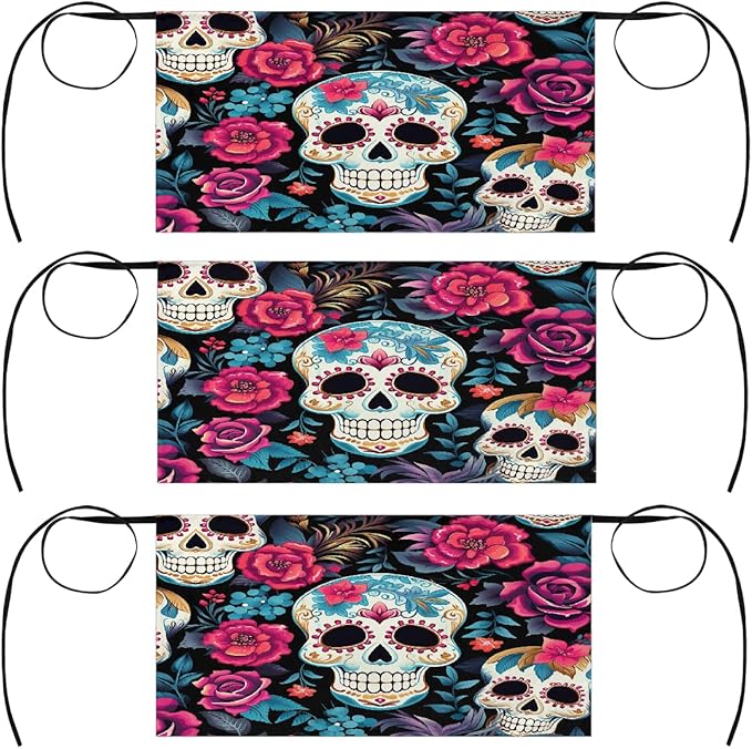 Mexican Sugar Skull Flower 3 Pack Server Aprons with Pockets, Polyester Half Waist Aprons for Men & Women, Water-Resistant Waitress Aprons for Restaurant, Kitchen Bar Garden 23.6 x 12 In - sugar skull apron for women