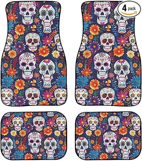 Sugar Skull Floor Mats for Car All Weather Non-Slip 4 Piece Car Floor Mats Carpet Universal Fit Rubber Black Rugs Fronr Rear Protection for Sedan SUV Interior Accessories - sugar skull floor mat
