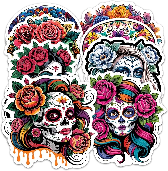 Sugar Skull Sticker 8 Pcs (Large Size) Vinyl Stickers Laptop Waterproof Decal for Car Bumper Water Bottle Notebook Luggage Window Party Birthday Decorations - Size 4 Inches - sugar skull vinyl sticker
