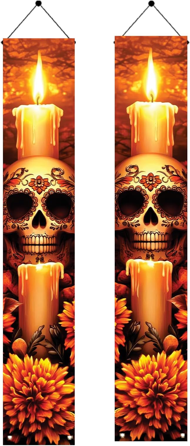 2PCS Day of The Dead Porch Banners 71 x 12 Inch Dia de Los Muertos Candle Skull Decorations Heart Eyes Sugar Skull Marigold Flower Hanging Signs for Halloween Mexican Festival Wall Decor - sugar skull candle holder