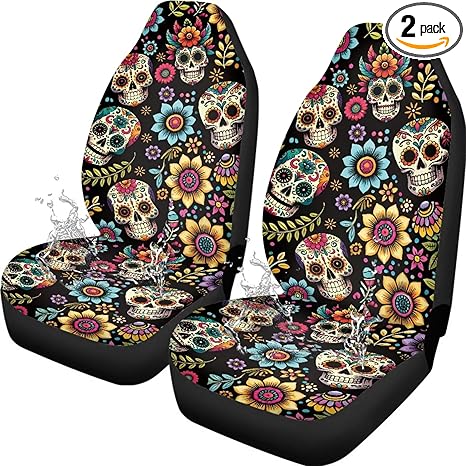 Sugar Skull Car Seat Covers Front Seats Only 2 Pack Universal Auto Interior Cover Waterproof Automotive Seat Covers for Trucks Cars SUV - sugar skull car seat covers set