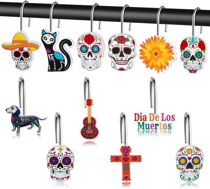 MALLMALL6 Day of The Dead Shower Curtain Hooks, 12Pcs Dia De Los Muertos Decorative Hanger Metal Rustproof Bathroom Colorful Mexican Decor Pendants Accessories with Flower Skull Cross Dog Curtain Ring - sugar skull shower curtain set