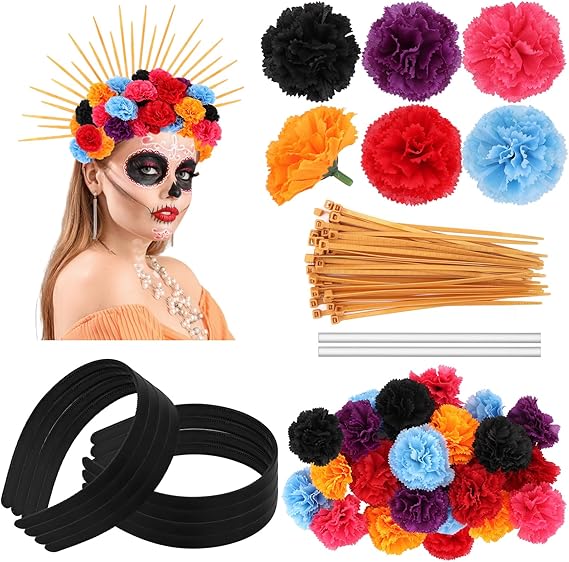 290 Pcs Day of the Dead Floral Headpiece DIY Mexican Flower Halo Crown Headband for Women Halloween Cinco De Mayo Party Costume Hair Accessories - sugar skull flower crown