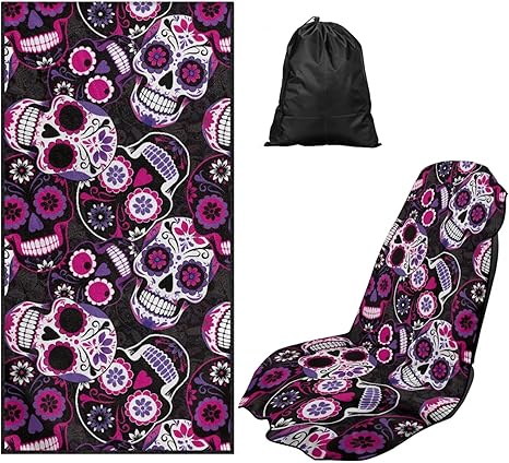 Bulopur Sugar Skull Car Seat Towel Cover Absorbent Soft Beach Towel Car Seat Covers Front Seats Running Post Workout Sweatproof Yoga Towels Blanket - sugar skull car seat covers set