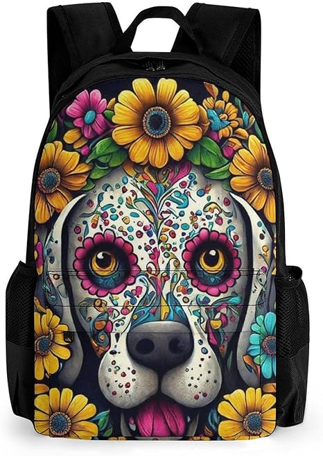 Day Dead Dog Sugar Skull Flower Art Daypack Polyester Anti-Theft Multipurpose Bookbag Big Capacity Gym Outdoor Hiking Backpack With Adjustable Shoulder Straps - best sugar skull backpack