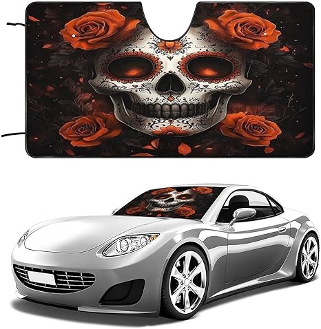 Sugar Skull with Roses Windshield Sun Shade Foldable Windshield Cover Blocks UV Rays Car Interior Accessories - sugar skull car sunshade for windshield