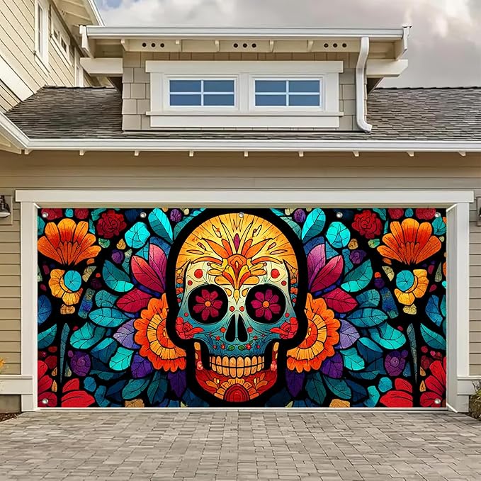 Halloween Colorful Sugar Skull Garage Door Banner 13x6ft Vibrant Floral Stained Glass Art Garage Door Backdrop Stunning Photo Prop Background for Festive Outdoor Decoration Party Supplies - sugar skull wine glass