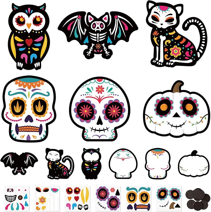Haooryx DIY Day of The Dead Magnet Craft Kit - 30 Set Make Your Own Dia de Los Muertos Sugar Skull Decoration Sticker Craft Halloween Mexican Festival Party Supply Kid Art Project Bulletin Board Decor - sugar skull christmas ornament