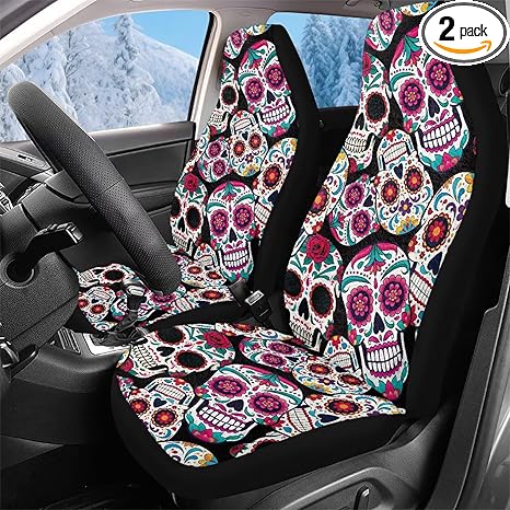 ELEQIN Fluffy Winter Seat Covers for Car Auto Front Seat Covers 2 Pack Car Towel Blanket Sugar Skull Cold Weather Vehicle Interior Accessories for Daily Travel Holiday Fit SUV Van Sedan Truck - sugar skull car pet seat cover