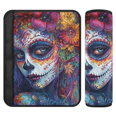 Dia De Los Muertos Mexican Sugar Skull Girl 2 pcs carseat Straps Covers More Comfort Driving for Auto Protector para cinturón de carro - sugar skull car seat covers set
