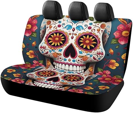 Car Seat Cover Comfortable Breathable Universal Rear Seat Covers for Cars Colorful Sugar Skull Back Seat Protector Thick Cars Seat Cushion Car Interior Cover Fit for Truck Vans SUV - sugar skull car seat covers set