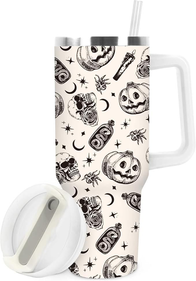 Halloween Tumbler with Handle 40oz Pumpkin Skull Crow Tumbler with Lid Straw Black Beige Spooky Stainless Steel Cup for Home Office Travel - sugar skull tumbler with straw