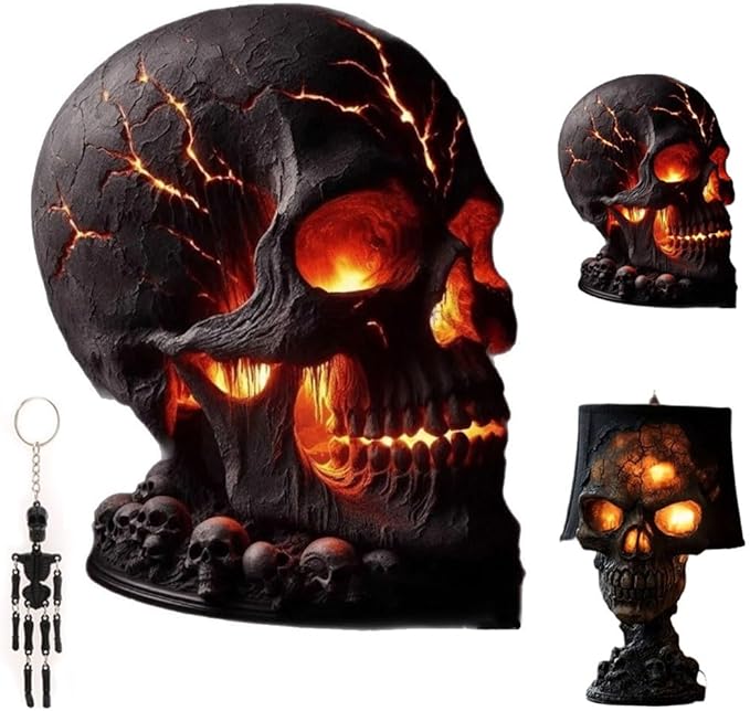 Skull Flame Table Lamp,Spooky Lava Stone Skull Lamp Crack Design Unique Room Accent,Skulls Light Night Ignite Mysteriou Atmosphere,LED Skulls Night Create Burning and Glowing Effect,Halloween Gothic - sugar skull table lamp