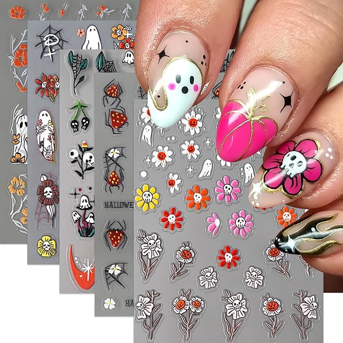 5Sheets Halloween Nail Stickers 5D Embossed Cute Flower Ghost Nail Decals Self-Adhesive Skull Strawberry Spider Cute Ghost Nail Art Design Sticker Spooky Nail Supplies for Holiday Nail Art Decoration - sugar skull nail art