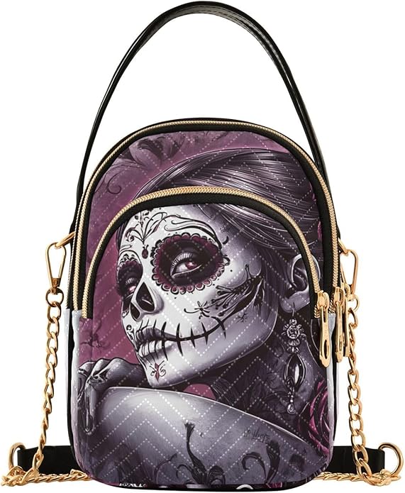 Gothic Sugar Skull Quilted Crossbody Bags for Women – Fashion Design, Vegan Leather - Small Shoulder Handbags for Shopping, Travel, Daily Use - sugar skull handbags for sale