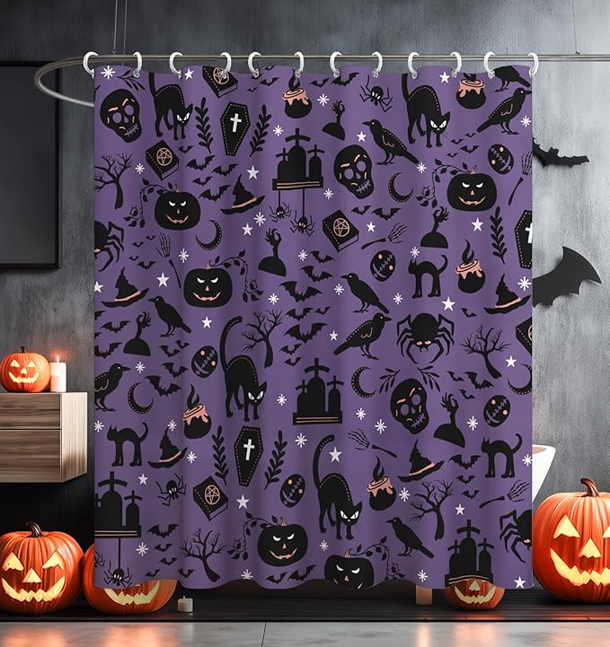 MAMUSE Halloween Shower Curtain for Bathroom Stall Cute Horror Scary Goth Gothic Skull Skeleton Decorative Waterproof Unique Design TeenWomen Cortinas de Baño Bathtub 72 x72 Inch, Purple Halloween - sugar skull shower curtain set