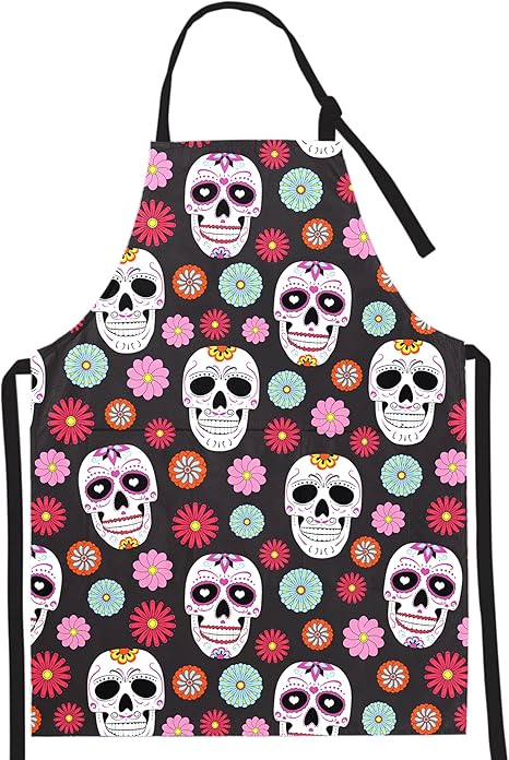 Sugar Skull Gifts Apron, Apron with Pockets and Adjustable Neck Strap - sugar skull apron for women