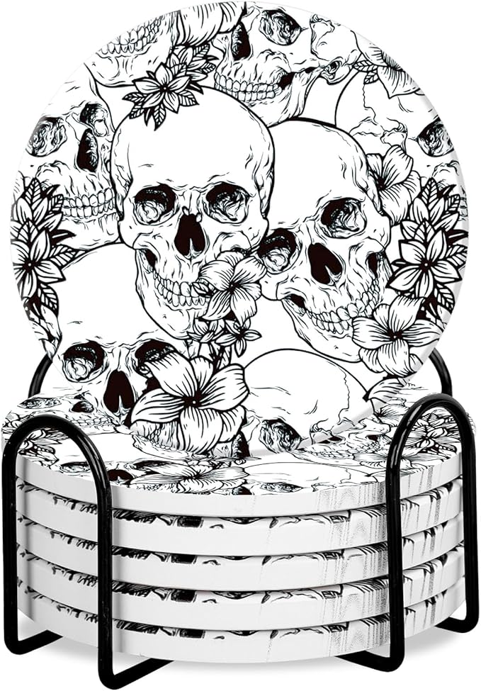 Whaline 6Pcs Halloween Ceramic Coasters with Iron Holder Skull Floral Drink Coasters Absorbent Cup Mat for Mug Cup Home Kitchen Party Table Decor - sugar skull coasters set