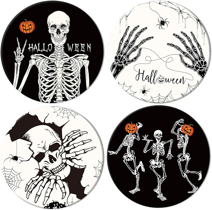 Whaline 4Pcs Halloween Ceramic Coasters Skeleton Pumpkin Drink Coasters Absorbent Cup Mat for Mug Cup Home Kitchen Party Table Decor - sugar skull coasters set