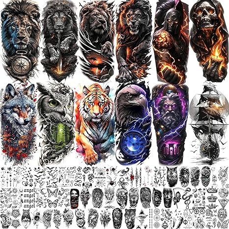 72 Sheets Lion Skull Temporary Tattoos For Men Women, Halloween Half Arm Sleeve Tattoo Stickers Zeus Eagle Tiger Ship, Bulk 3D Watercolor Temp Gothic Waterproof Fake Tattoos Adults Flower Skeleton - sugar skull temporary tattoo