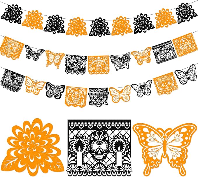 HOWAF 27pcs Day of The Dead Papel Picado Banner, Felt Dia De Los Muertos Sugar Skull Marigold Butterfly Hanging Garland for Mexican Dia de Los Muertos Altar Decor, Black Orange Cinco De Mayo Flag - sugar skull temporary tattoo