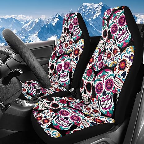 Bulopur Sugar Skull Car Seat Cover Set 2 PCS Soft Fuzzy Car Interior Accessories Plush Cozy Vehicle Bucket Cushion Universal for Most Cars SUV Truck Sedan - sugar skull car floor mats