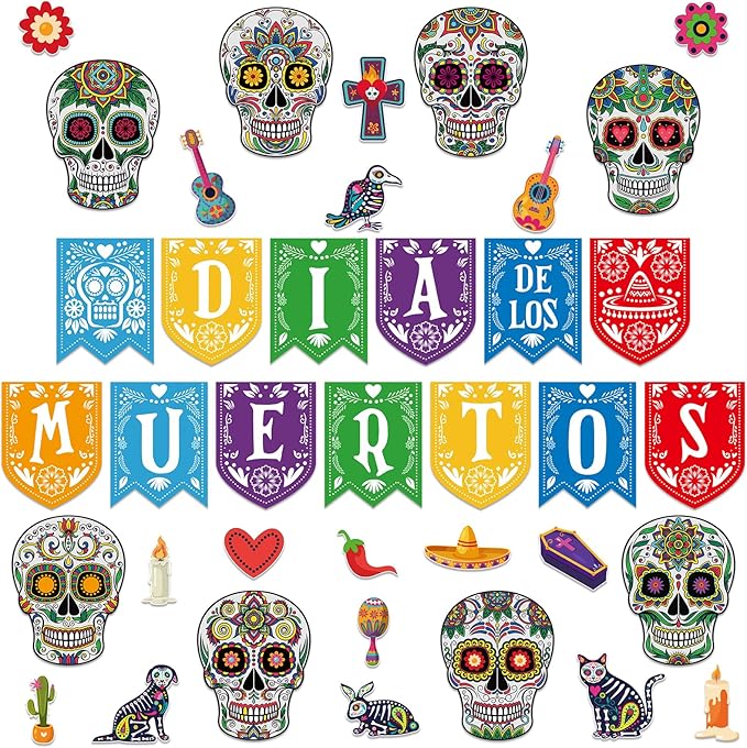 Day of The Dead Decorations - 38PCS Sugar Skull Cutouts Decor Dia De Los Muertos Halloween Cutouts Decor for Classroom Bulletin Board Wall Decor Mexican Fiesta Party Supplies - sugar skull christmas decorations