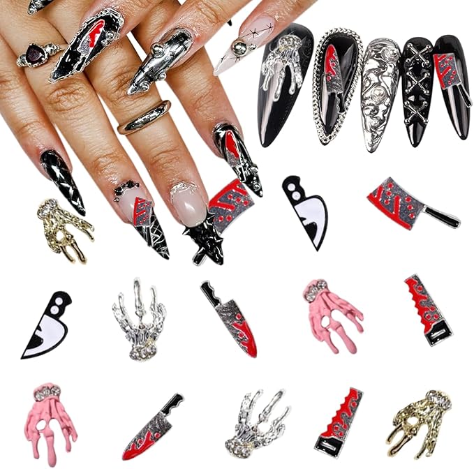 14Pcs Halloween Nail Art Charms 3D Alloy Skeleton Hand Nail Rhinestones Horror Blood Knife Nail Gems Halloween Gothic Nail Art Jewelry for Women DIY Manicure Crafts Accessories - sugar skull nail art