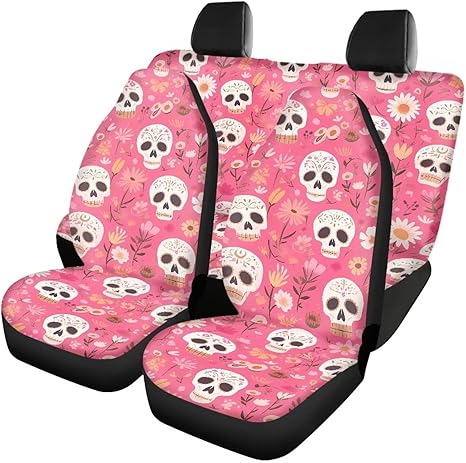 Sugar Skull Front and Rear Bench Seat Cover for Car, Cartoon Daisy Floral Sugar Skull Accessory Breathable Car Seat Cover Mexican Day of The Dead Full Set of 3 Pink - sugar skull car seat covers set