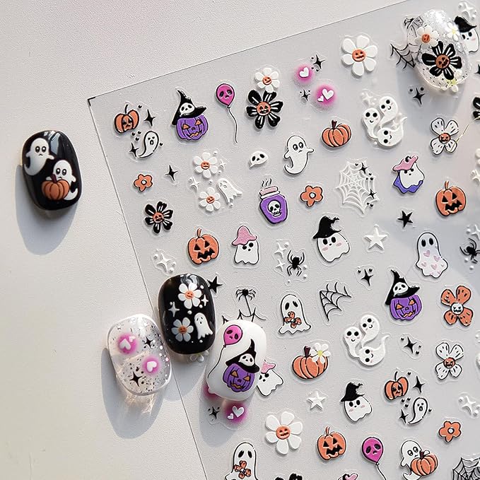 5D Embossed Halloween Nail Art Stickers Cute Ghost Nail Decals Self-Adhesive Pumpkin Skull Flower Spider Web Nails Design Stickers Halloween Nails Supplies for Women Holiday Manicure Decorations - sugar skull nail art