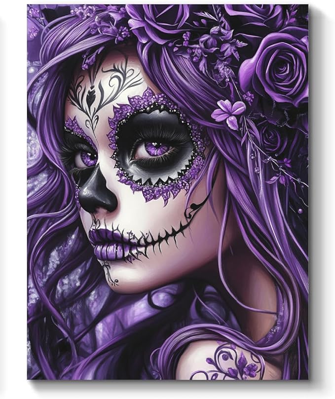 Purple Sugar Skull Girl Wall Art Canvas Print Decor Poster Painting for Bedroom Office Bathroom Living Room (Framed, 12x16 inch) 217 - sugar skull poster print