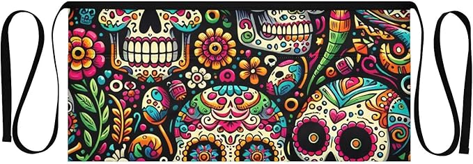 Mexican Sugar Skull Server Aprons with 3 Pockets, Water Resistant Waist Apron for Adults Half Apron for Women - 12 Inch - sugar skull apron for women