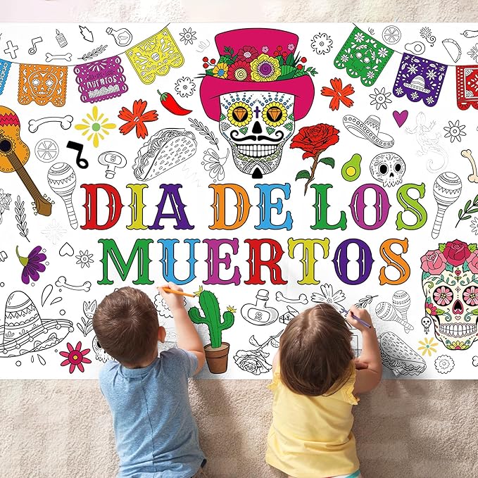 Day of The Dead Coloring Poster Tablecloth – 51 x 30 Inch Giant DIY Paper Banner with Sugar Skull, Papel Picado, and Fiesta Designs – Art Activity for Día de Los Muertos Party, Classroom - sugar skull poster print