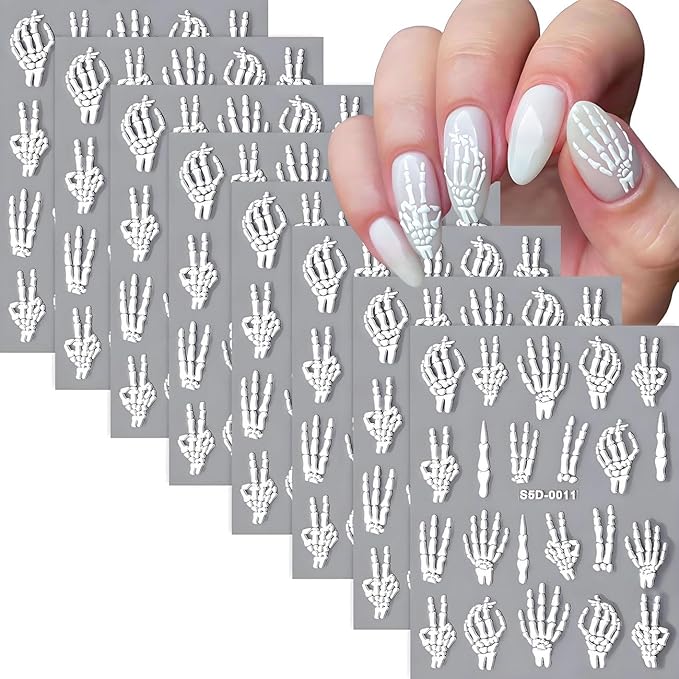 8 Sheets Halloween Nail Stickers 5D Embossed Skull Finger Nail Stickers Self-Adhesive Horror Skeleton Decals for Women - sugar skull nail art