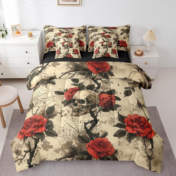 Erosebridal Rose Sugar Skull 7 Piece Bedding Set Queen Retro Spider Web Comforter Set with Sheets Floral Thorns Horror Theme Bed in a Bag Red White Gothic - sugar skull bedding set