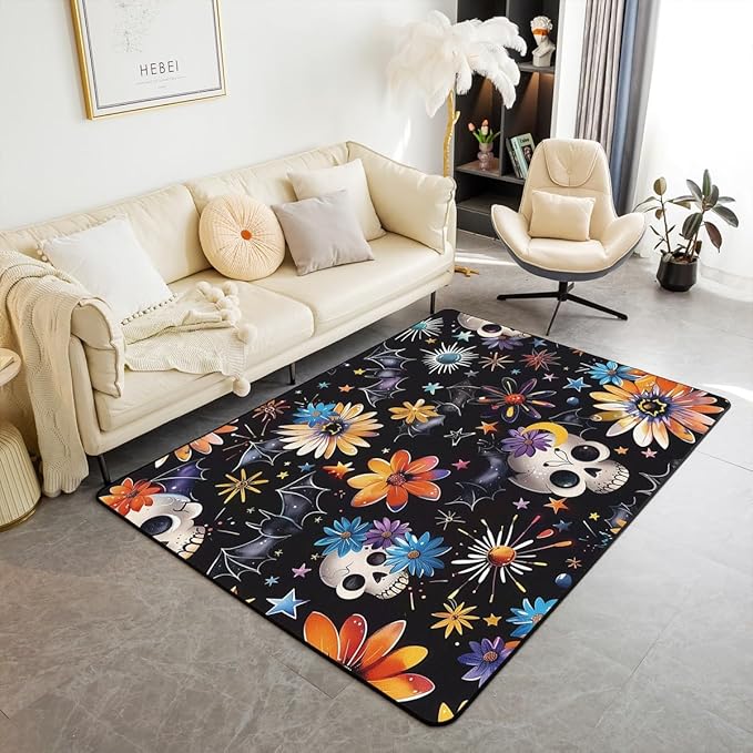 Erosebridal Sugar Skull Bats Area Rug 6'6" x 4'11" Moon Stars Daisy Living Room Rugs Colorful Florals Halloween Decorative Carpet Cartoon Gothic Black Indoor Floor Mat - sugar skull area rug