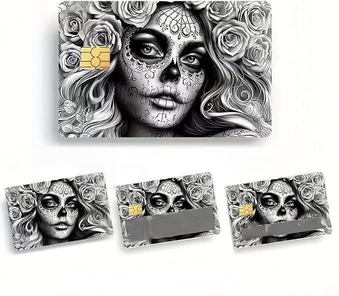 4Pcs Personalized Credit Card Stickers - Mexican Sugar Skull & Rose Design - Secure Adhesive Decals for Debit Cards, Metro Cards, Gift Cards - Unique Gothic Art, Day of The Dead Style - sugar skull vinyl sticker