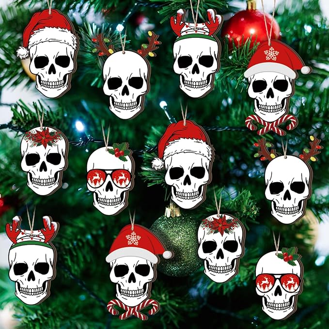 12 Pcs Christmas Skull Tree Ornaments Gothic Christmas Tree Decorations Skeleton Wood Hanging Ornaments Horror Skull Decoration for Xmas Decor Halloween Holiday Party - sugar skull christmas ornament