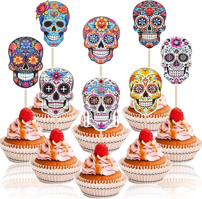 32 Pcs Day of the Dead Cupcake Toppers – Sugar Skull Cake Decorations with Colorful Floral Designs – Fiesta Cupcake Picks for Día de los Muertos Party, Halloween, or Mexican Theme Celebration - sugar skull coffee cup