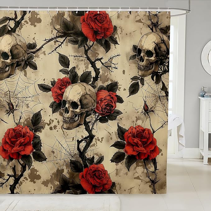 Erosebridal Rose Sugar Skull Shower Curtain 72" Wx72 L Retro Spider Web Waterproof Bathroom Accessories Floral Thorns Horror Theme Bath Curtain for Bathroom Showers Red White Gothic - sugar skull shower curtain set