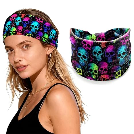 Colorful Skull Headbands Halloween Hairbands Wide Skull Headband Workout Non Slip Turban Head Wraps Skeleton Sports Sweatbands Yoga Hair Scarfs Halloween Hair Accessories for Women Cosplay Party Decor - sugar skull flower crown